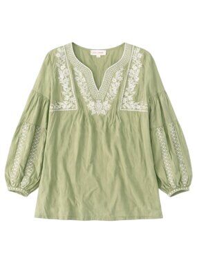 Solitaire Sage Green Embroidered Tunic Kurta Cotton Balloon Sleeve Boho M